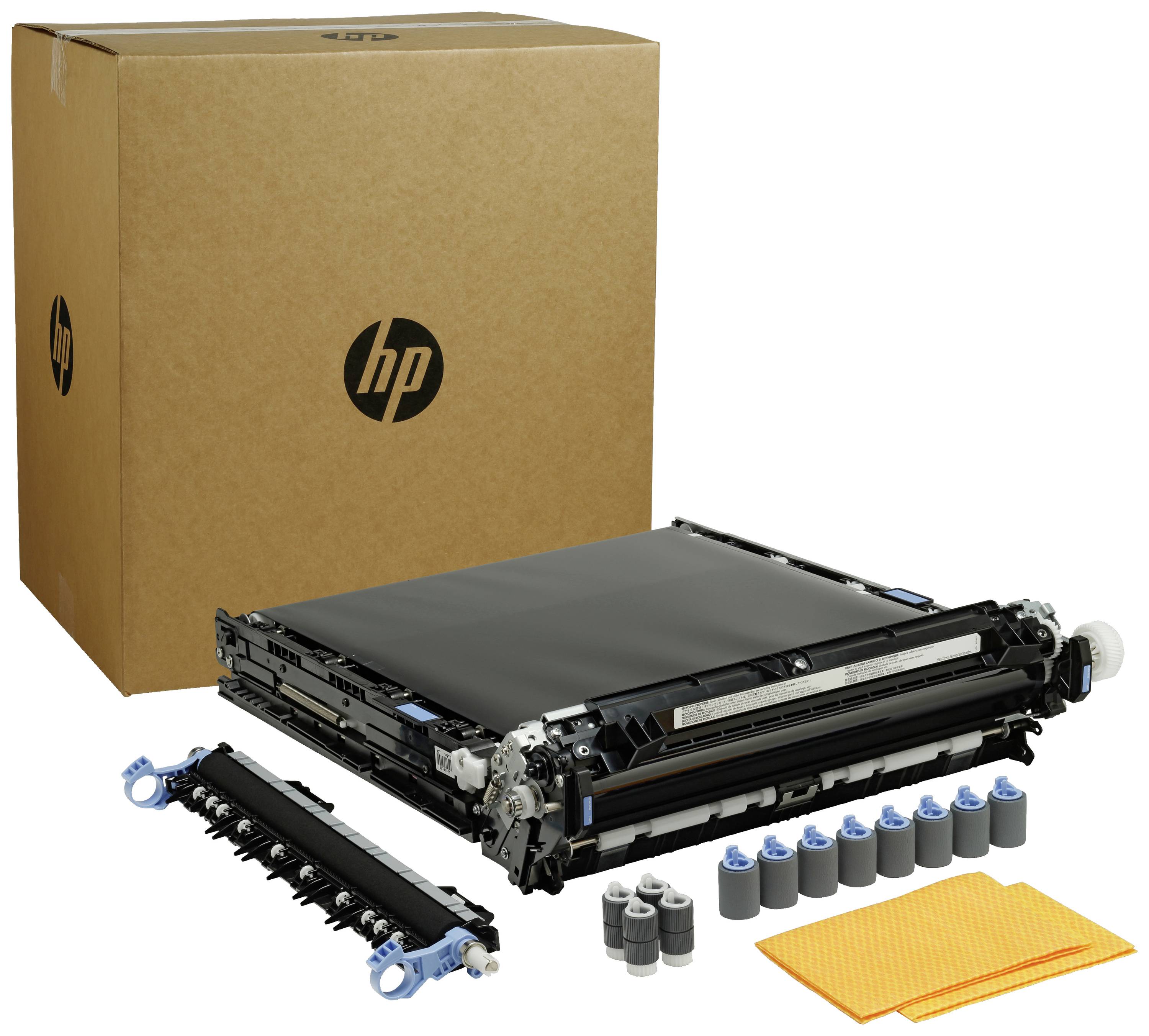 Drucker-Wartungsset mit Karton, Trommel, Rollen, Transfereinheit und Tüchern. Enthält Ersatzteile für HP-Druckerwartung.