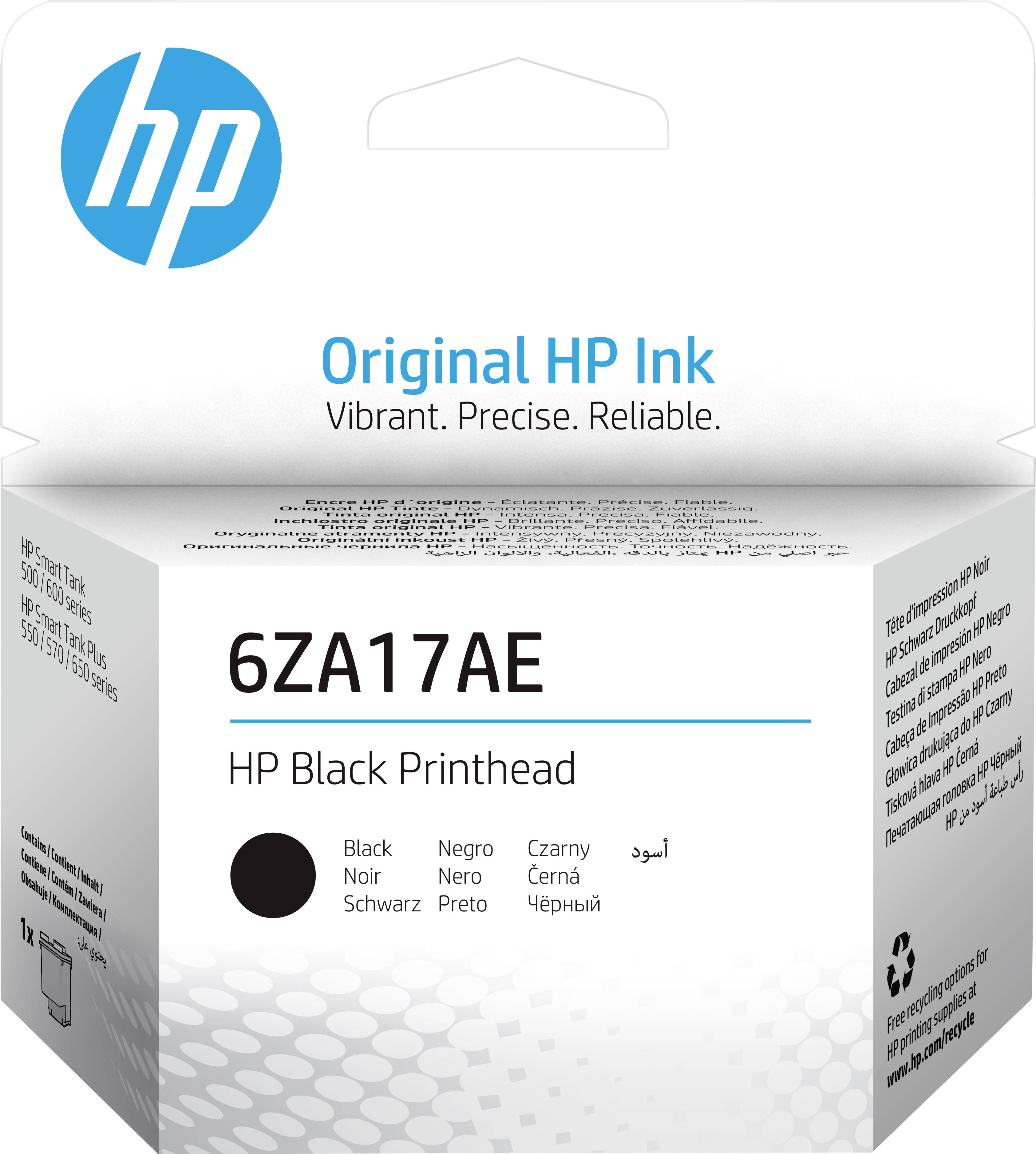 HP Tintenpatrone Verpackung, weiß mit blauem HP-Logo und schwarzem Text: 'Original HP Ink', '6ZA17AE', 'Black Printhead'.
