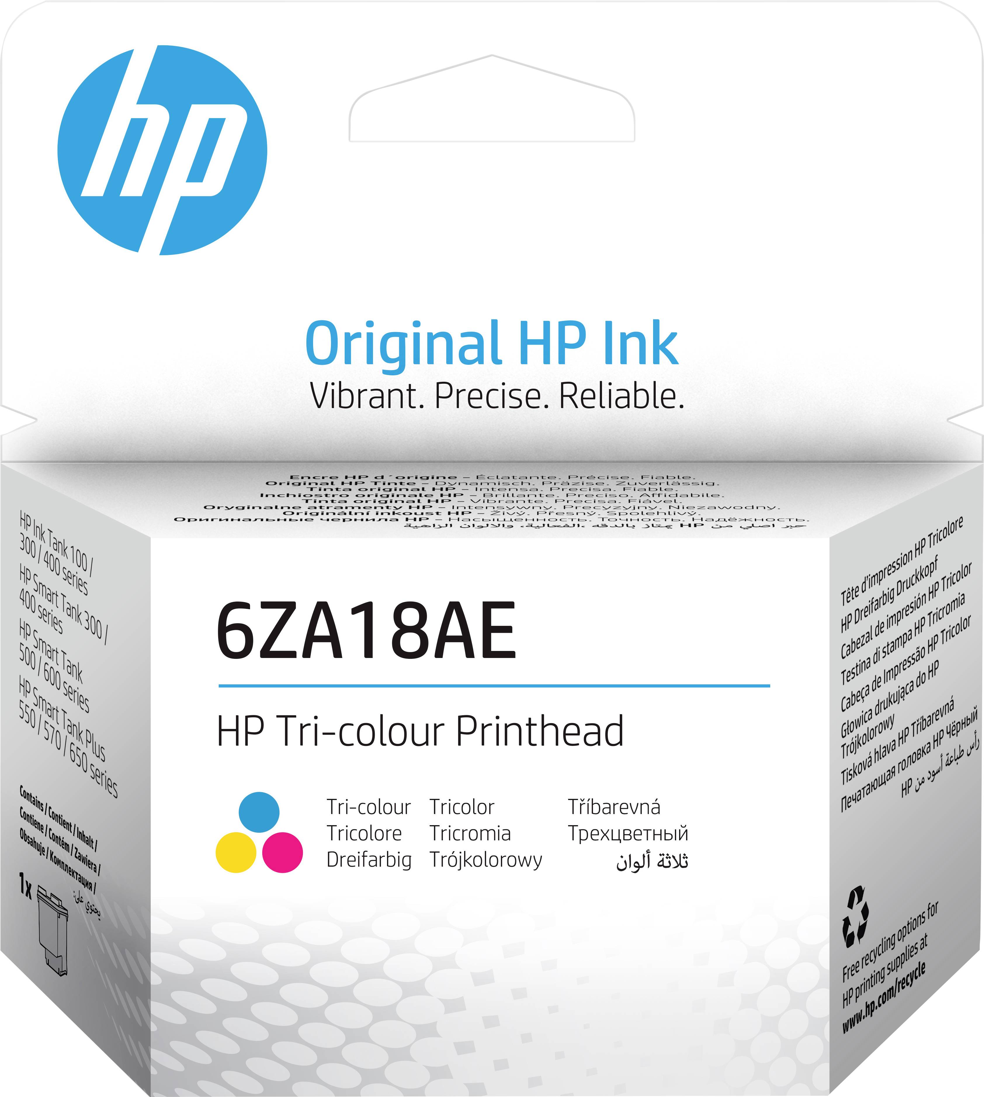 Tintenpatrone von HP, Modellnummer 6ZA18AE, Tri-color, geeignet für präzises und zuverlässiges Drucken; Verpackung größtenteils weiß.