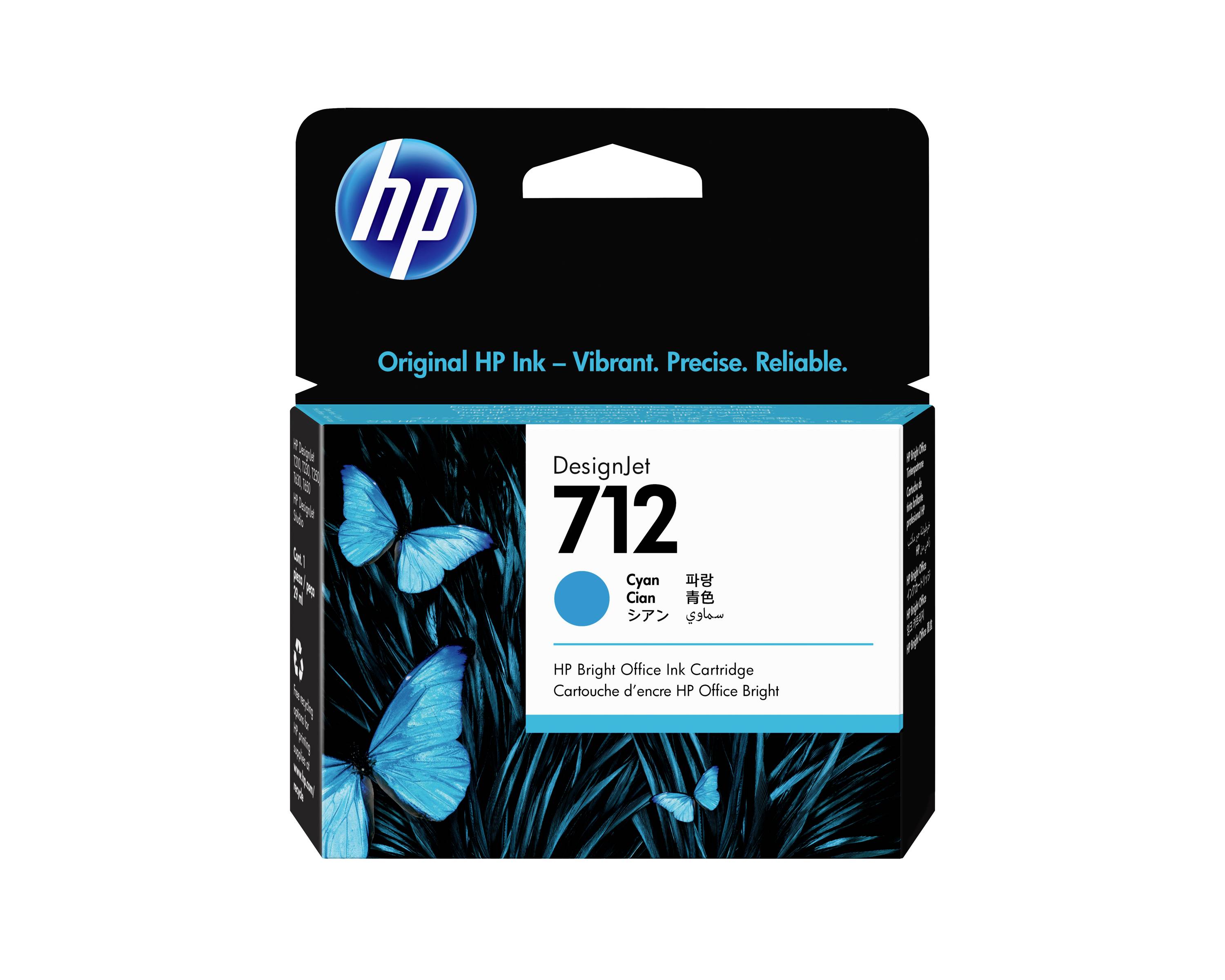 HP DesignJet 712 Cyan-Tintenpatrone Verpackung mit HP-Logo und blauer Schmetterlingskunstwerk.