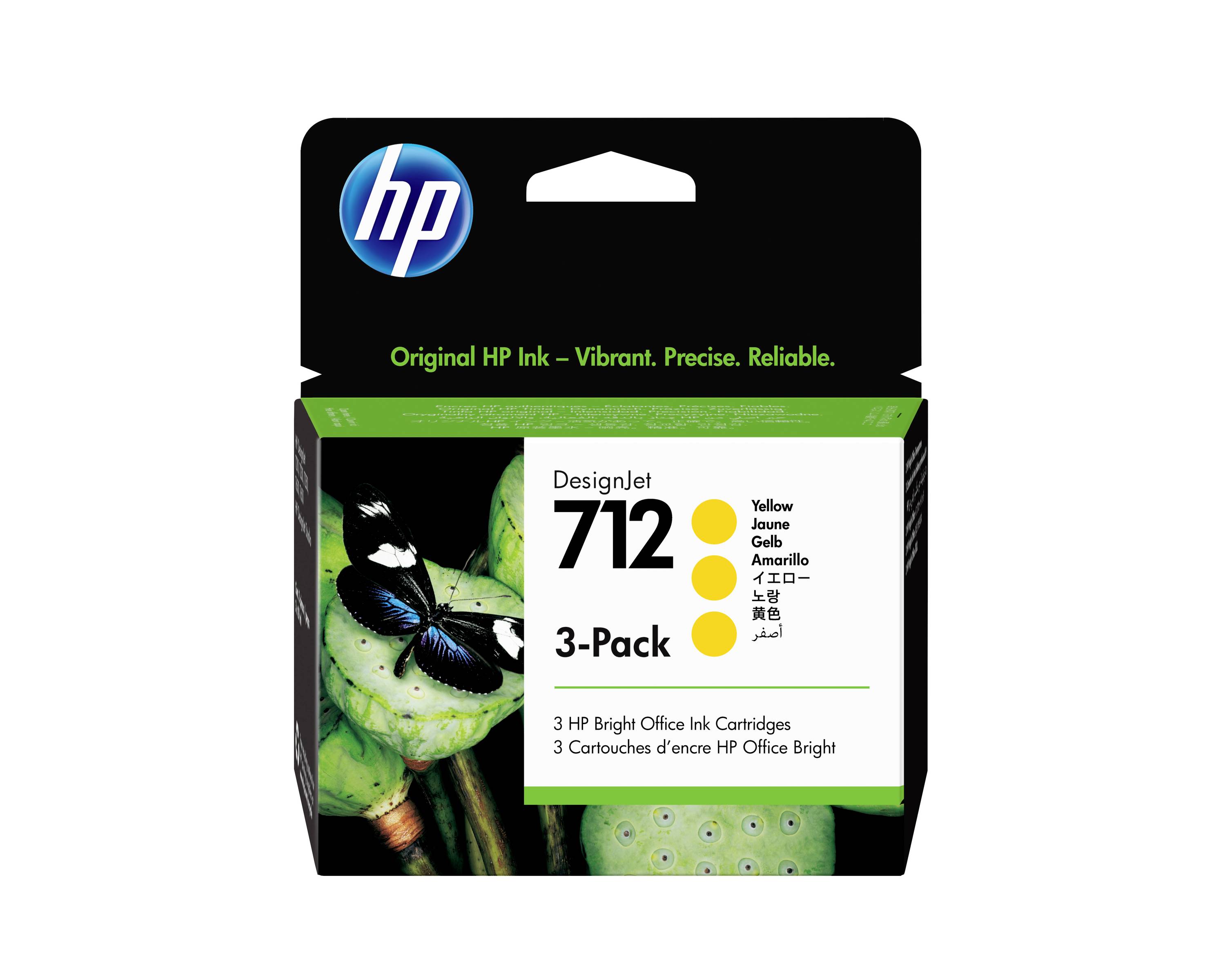 HP DesignJet 712 3er-Pack Gelb-Tintenpatrone mit Schmetterlingsdesign und dem Slogan „Original HP Tinte – Leuchtend. Präzise. Zuverlässig.