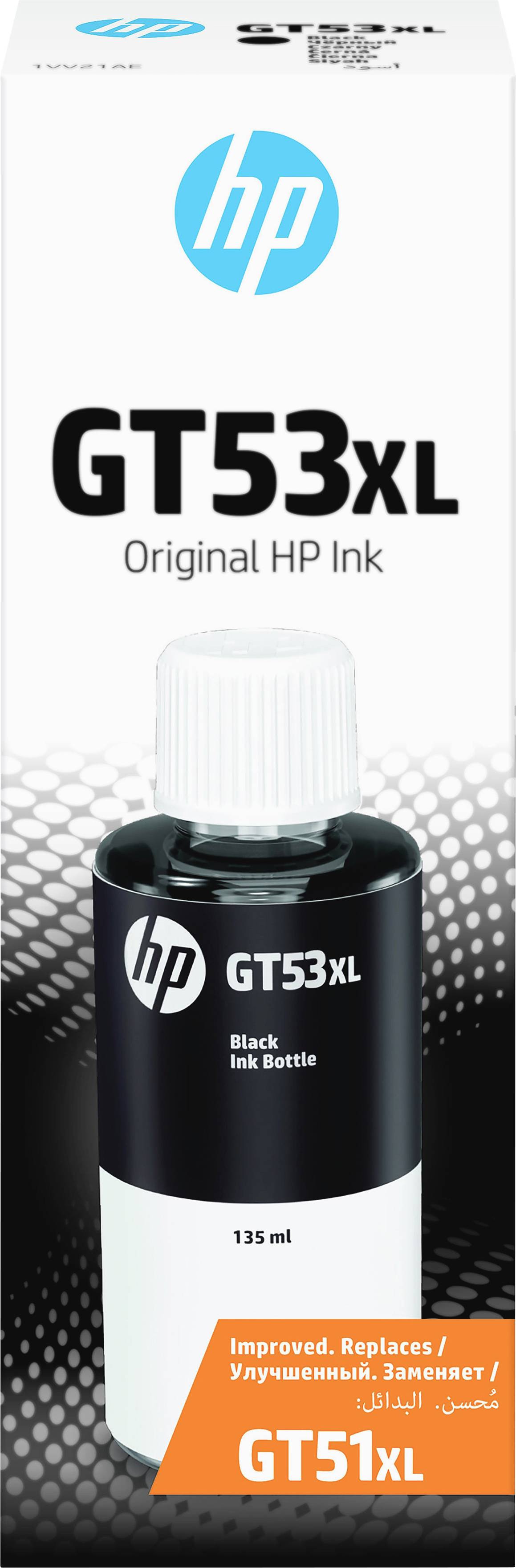 'HP GT53XL Original-Tintenflasche, schwarze Tinte, 135 ml, ersetzt GT51XL. Geeignet für HP-Drucker. Orangefarbener Hinweis: 