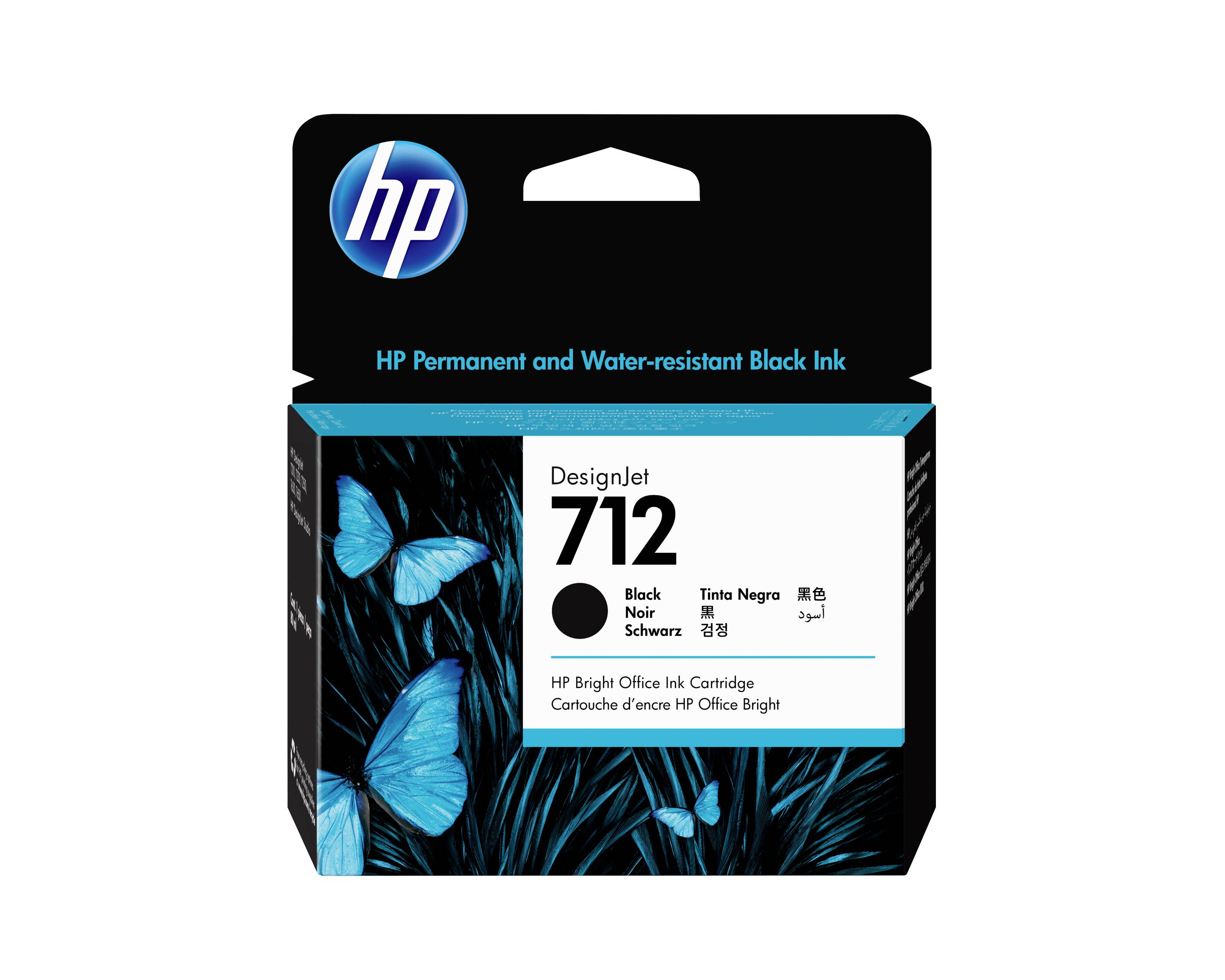 HP DesignJet 712 schwarze Tintenpatrone mit Verpackung mit blauem Schmetterlingsmotiv und Text „Permanente und wasserfeste schwarze Tinte