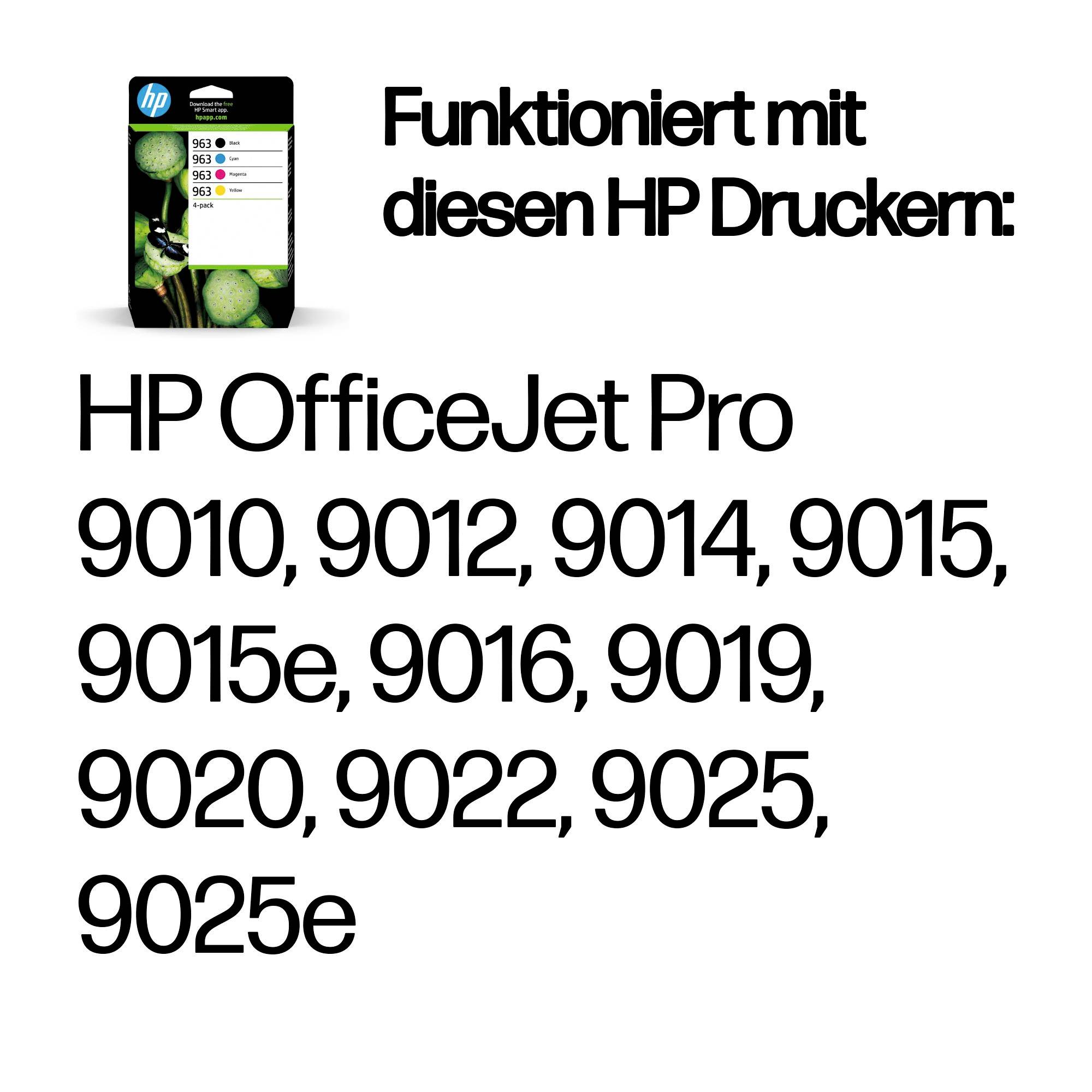 HP Tintenpatronenverpackung mit Angabe der Kompatibilität mit OfficeJet Pro Druckern: 9010, 9012, 9014, 9015, 9015e, 9016, 9019, 9020, 9022, 9025, 9025e.
