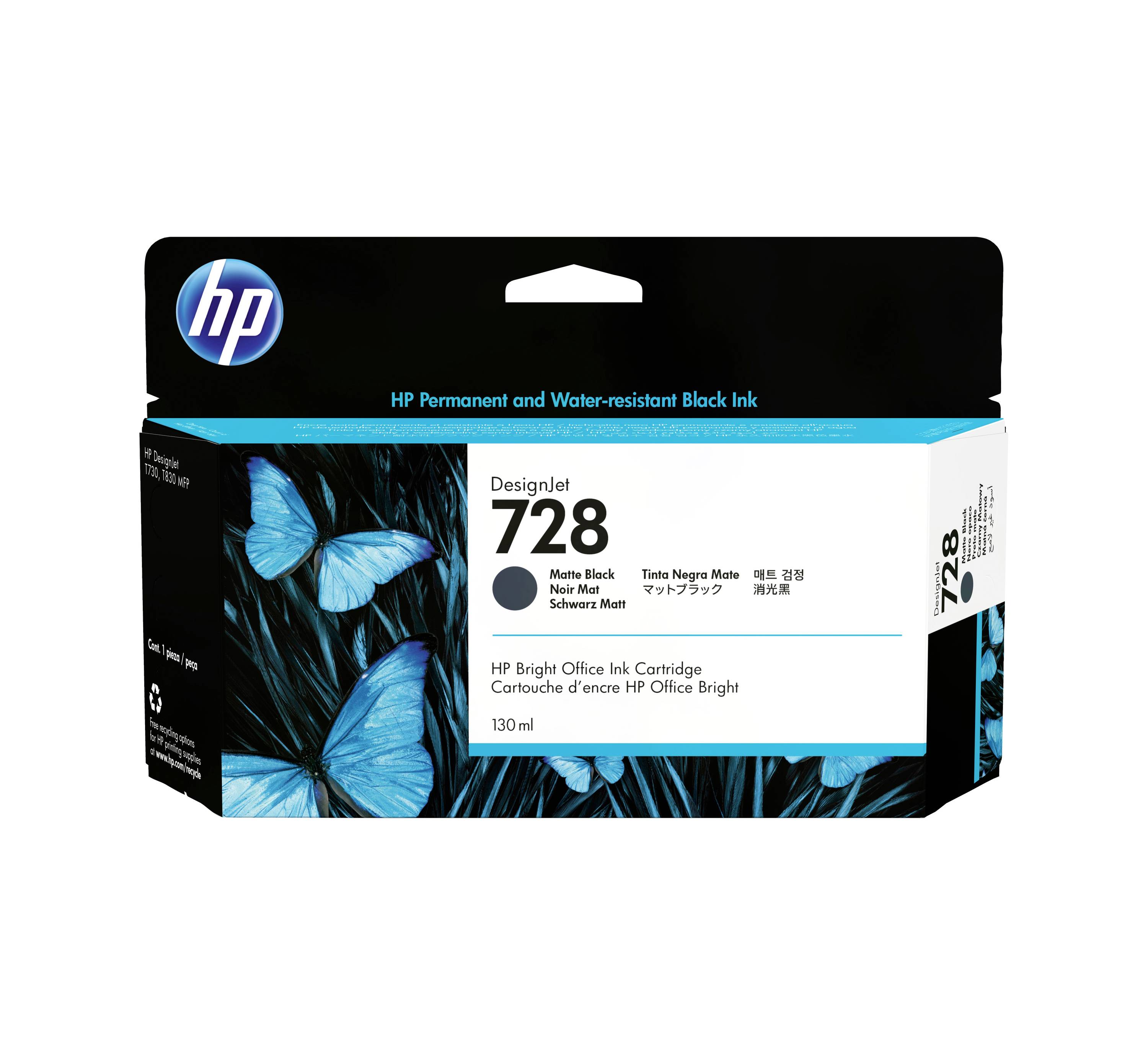 HP DesignJet 728 Schwarze Tintenpatrone, Karton mit der Aufschrift „HP Permanent- und wasserfeste schwarze Tinte