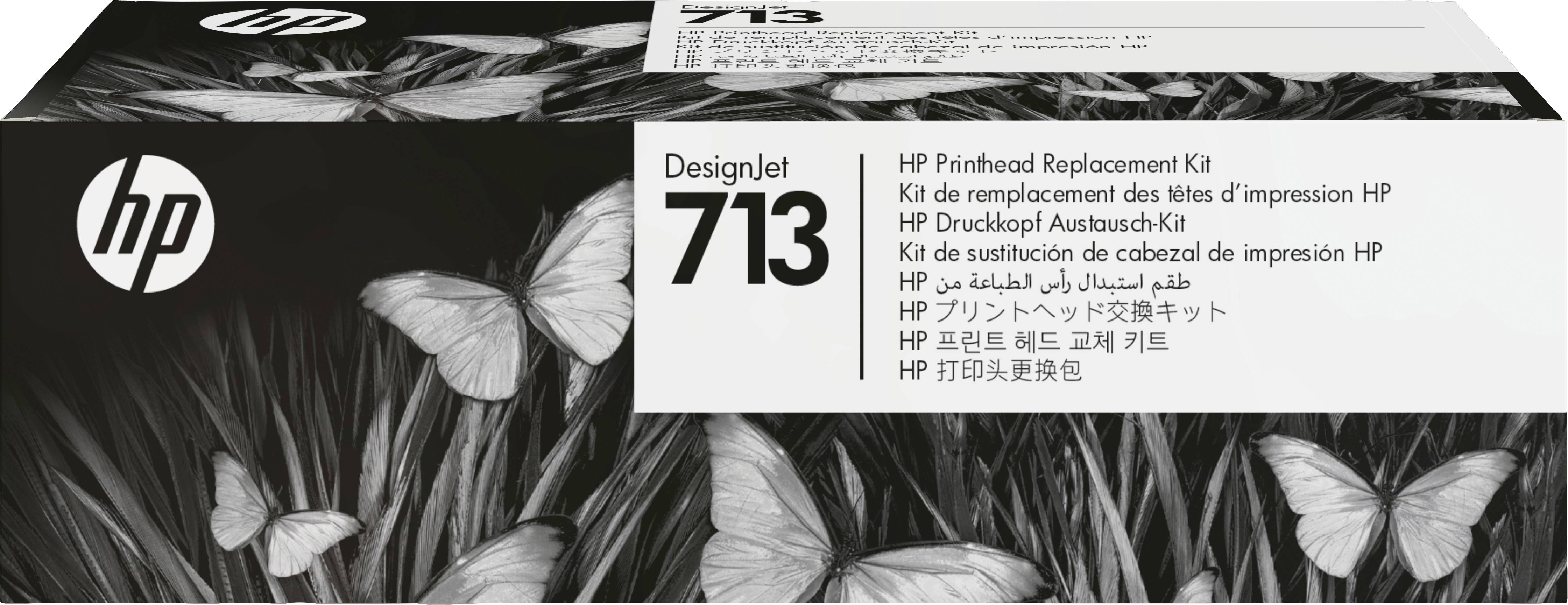 'HP Druckkopf Ersatzkit 713', Design der Verpackung mit Schmetterlingsgrafik. Verpackungstext in mehreren Sprachen.