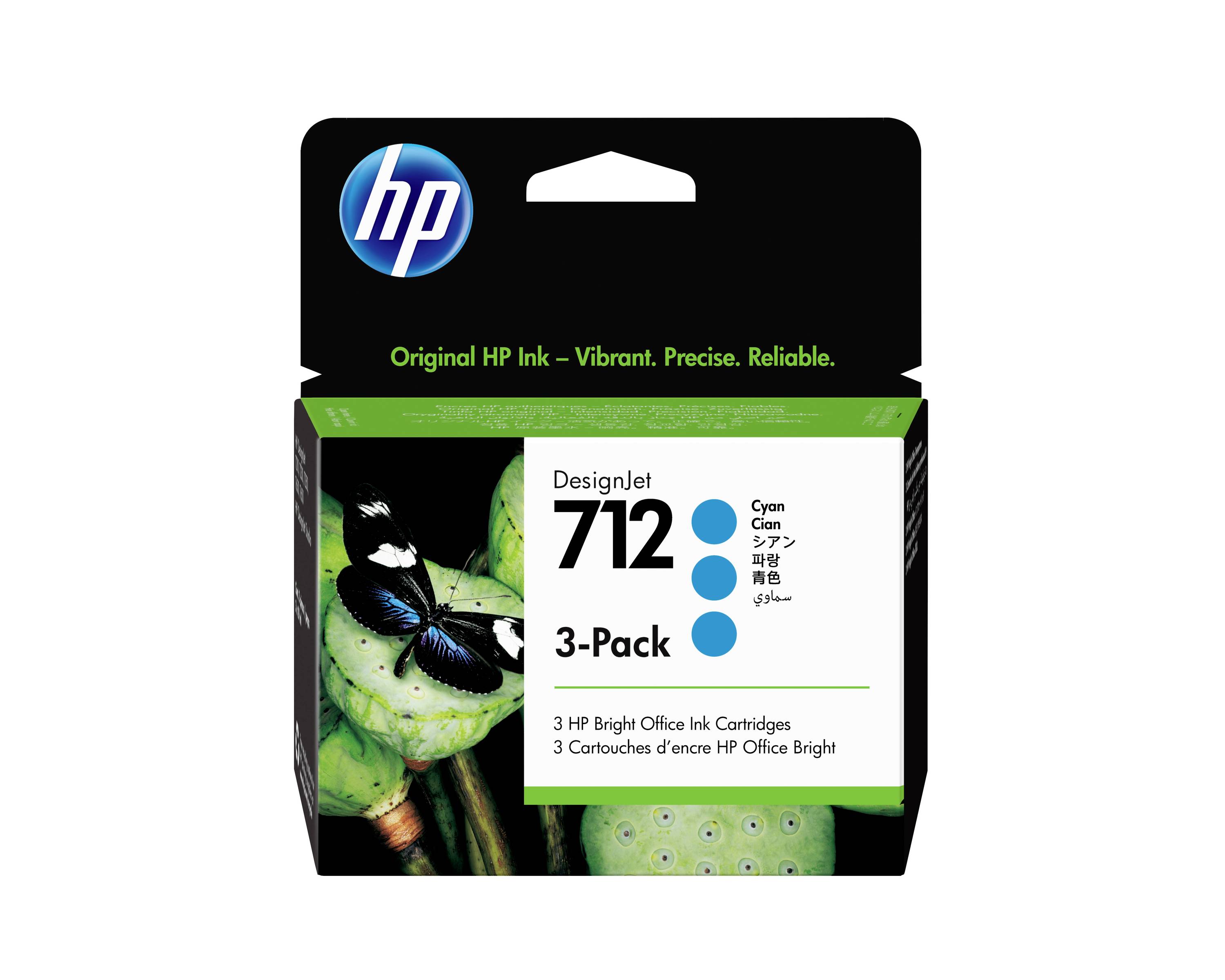 HP DesignJet 712 Cyan 3er-Pack Tintenpatrone Schachtel mit HP-Logo und Produktetikett auf der Vorderseite.