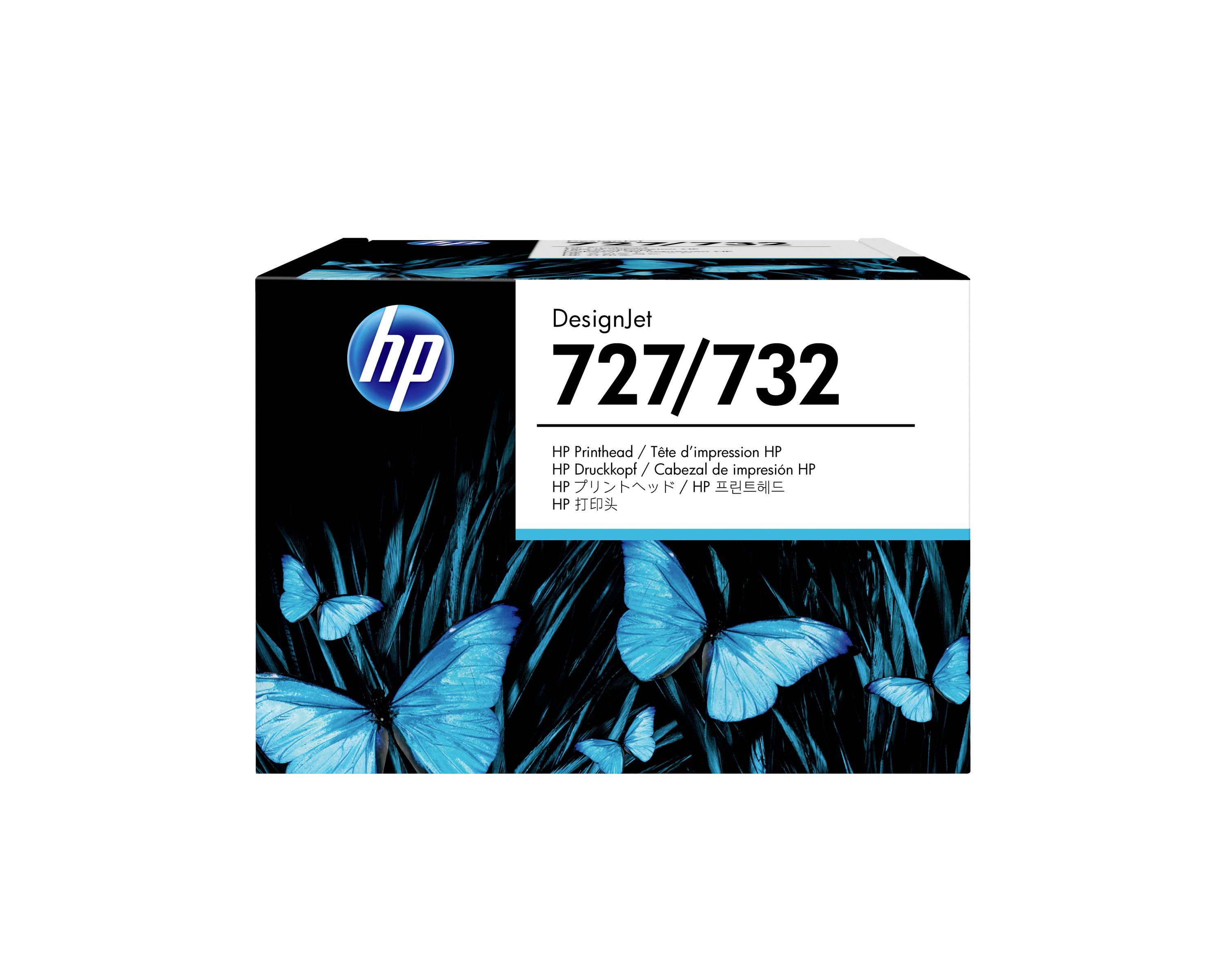 HP DesignJet 727/732 Tintenpatronenbox mit blauem Schmetterlingsgrafikelement und HP-Logo.