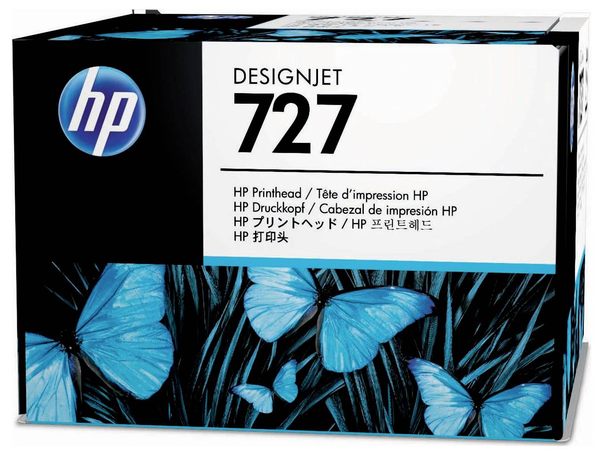 HP DesignJet 727 Druckkopf-Box mit blauem Schmetterlingsdesign und HP-Logo.