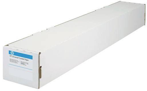 Weiße Kartonverpackung mit dem Aufdruck 'HP Universal Coated Paper', enthält Papierrolle für Drucker.