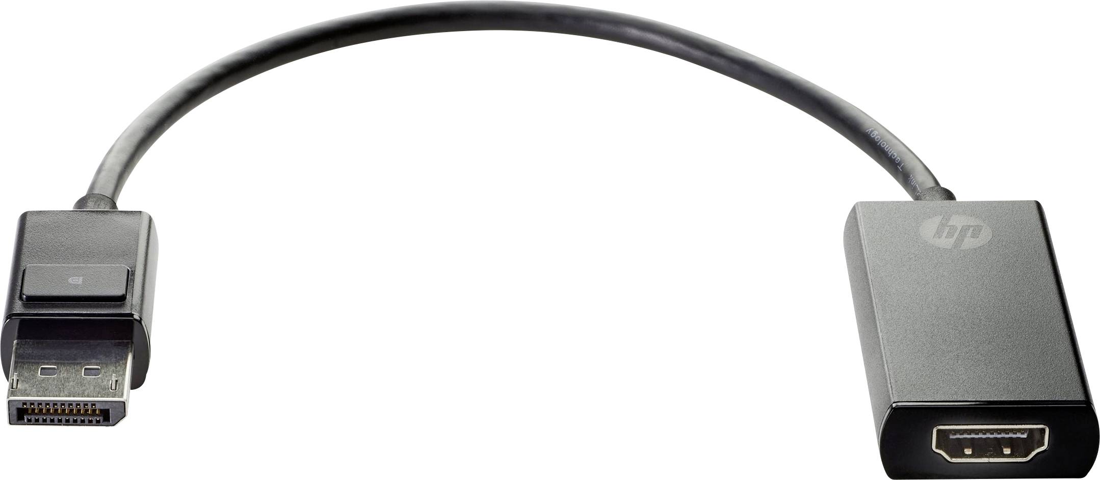 Ein schwarzes Kabel mit einem DisplayPort-Stecker auf der linken und einer HDMI-Buchse auf der rechten Seite.