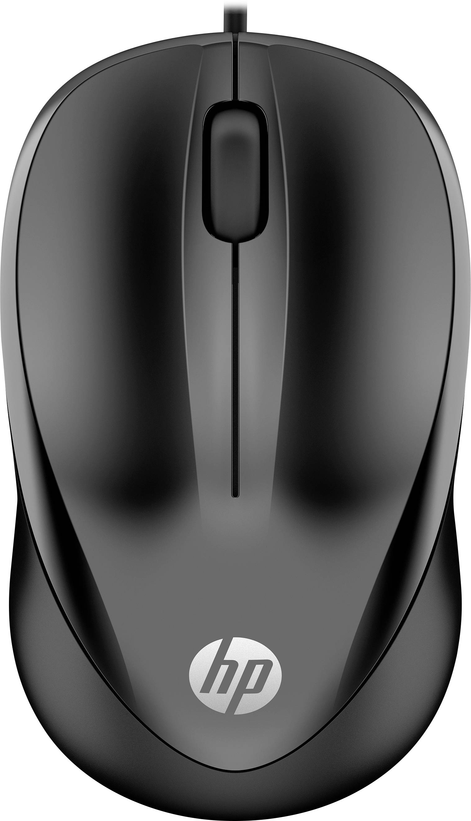 Schwarze Computermaus mit Kabel und Scrollrad, markiert mit 'hp'-Logo. Geeignet für Standardnutzung am PC oder Laptop.