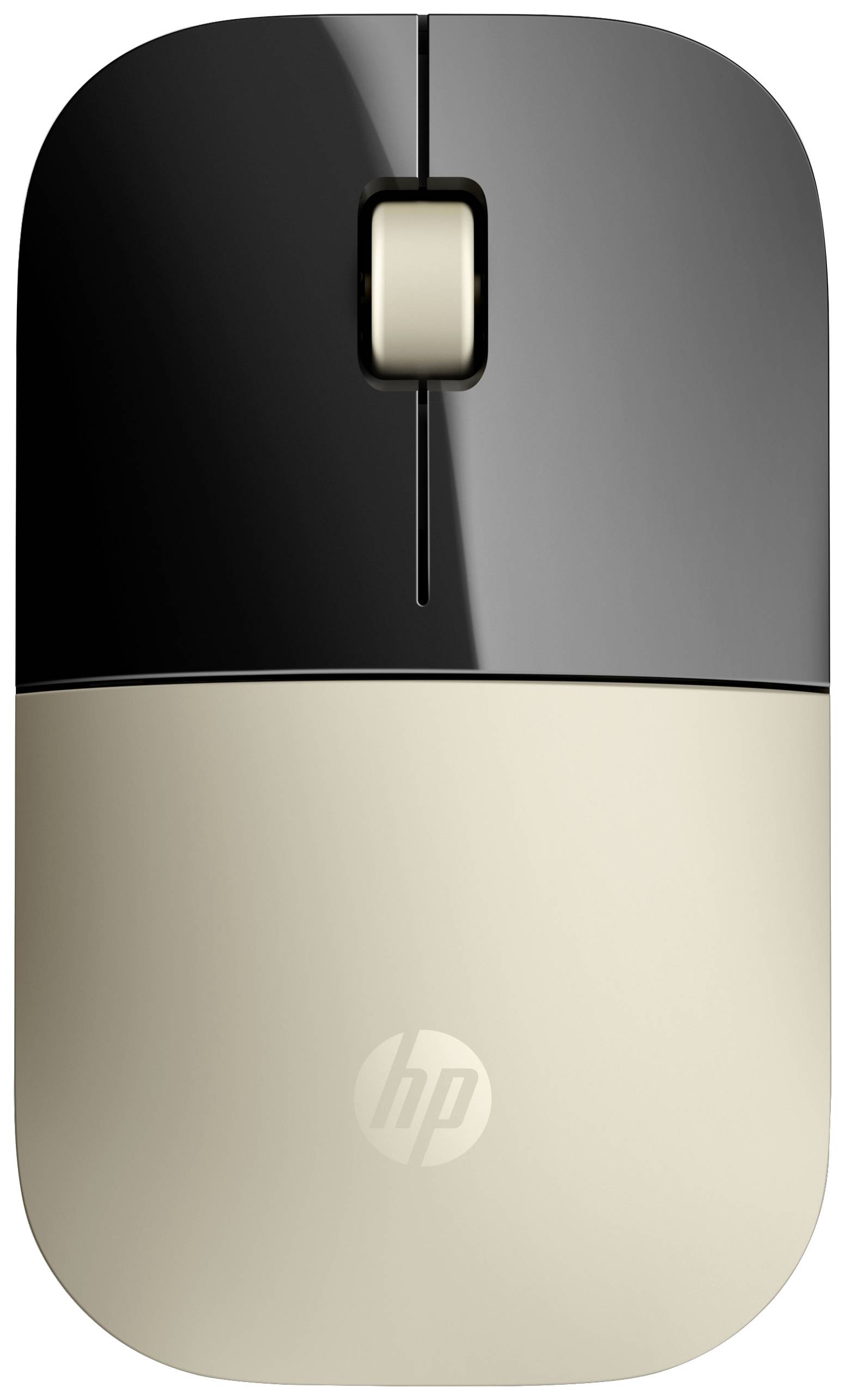 Zweifarbige Computermaus mit mattem und glänzendem Finish, mittig, Scrollrad und HP-Logo auf der Vorderseite.