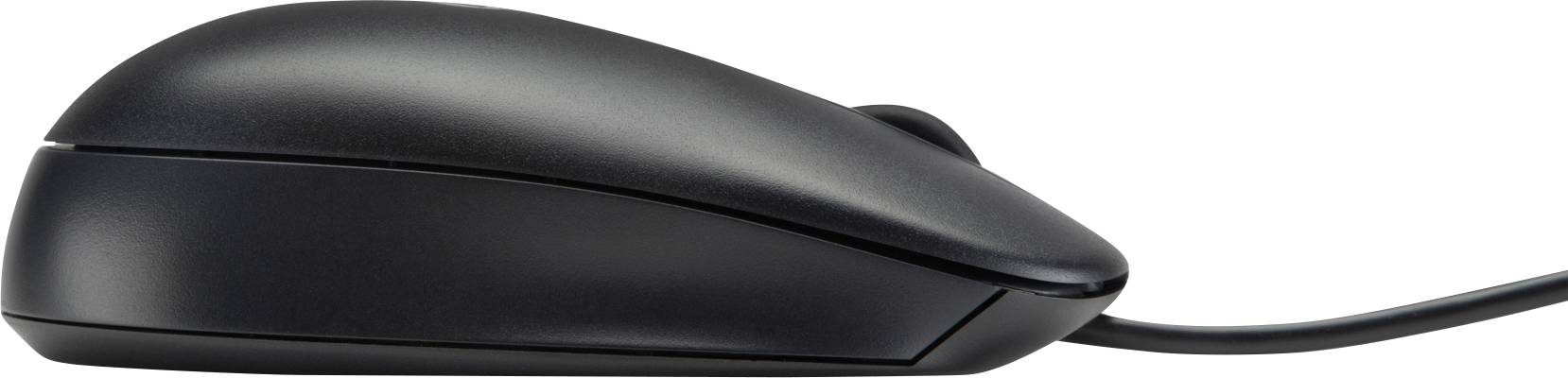 Eine schwarze kabelgebundene Computermaus seitlich dargestellt.