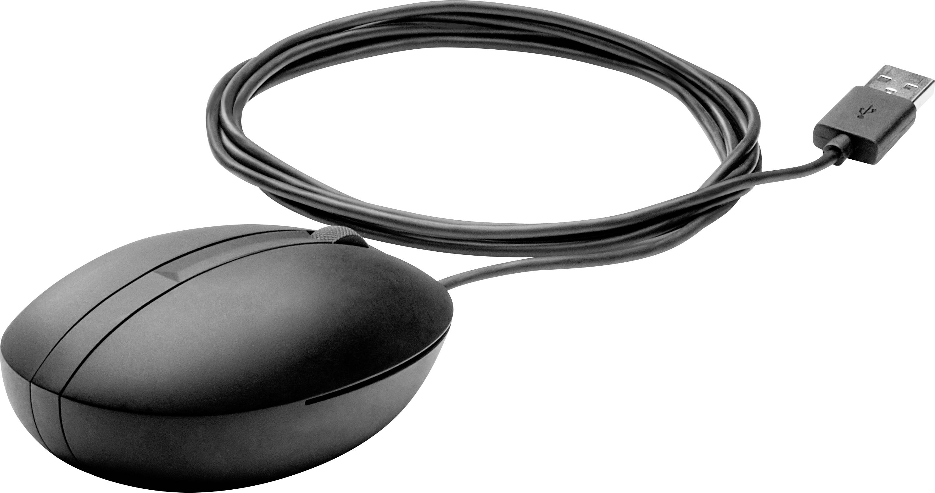 Schwarze kabelgebundene Computermaus mit USB-Anschluss, auf weißem Hintergrund.