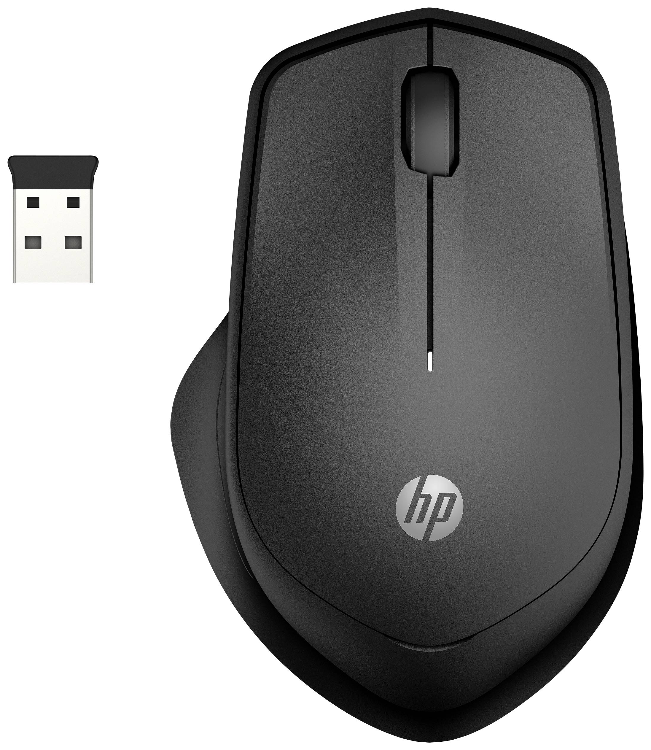 Schwarze kabellose HP-Maus mit USB-Empfänger.