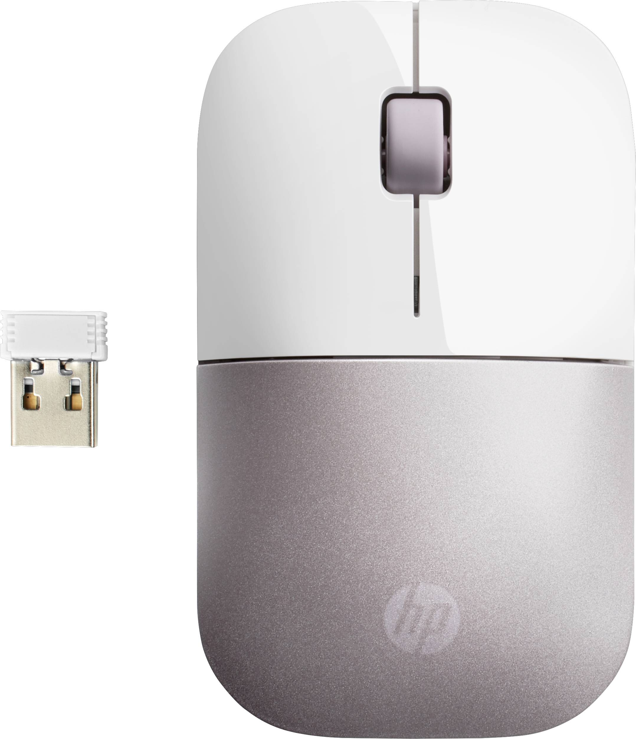 Kabellose Computermaus von HP in Weiß und Grau mit USB-Dongle, geeignet für den mobilen Einsatz.
