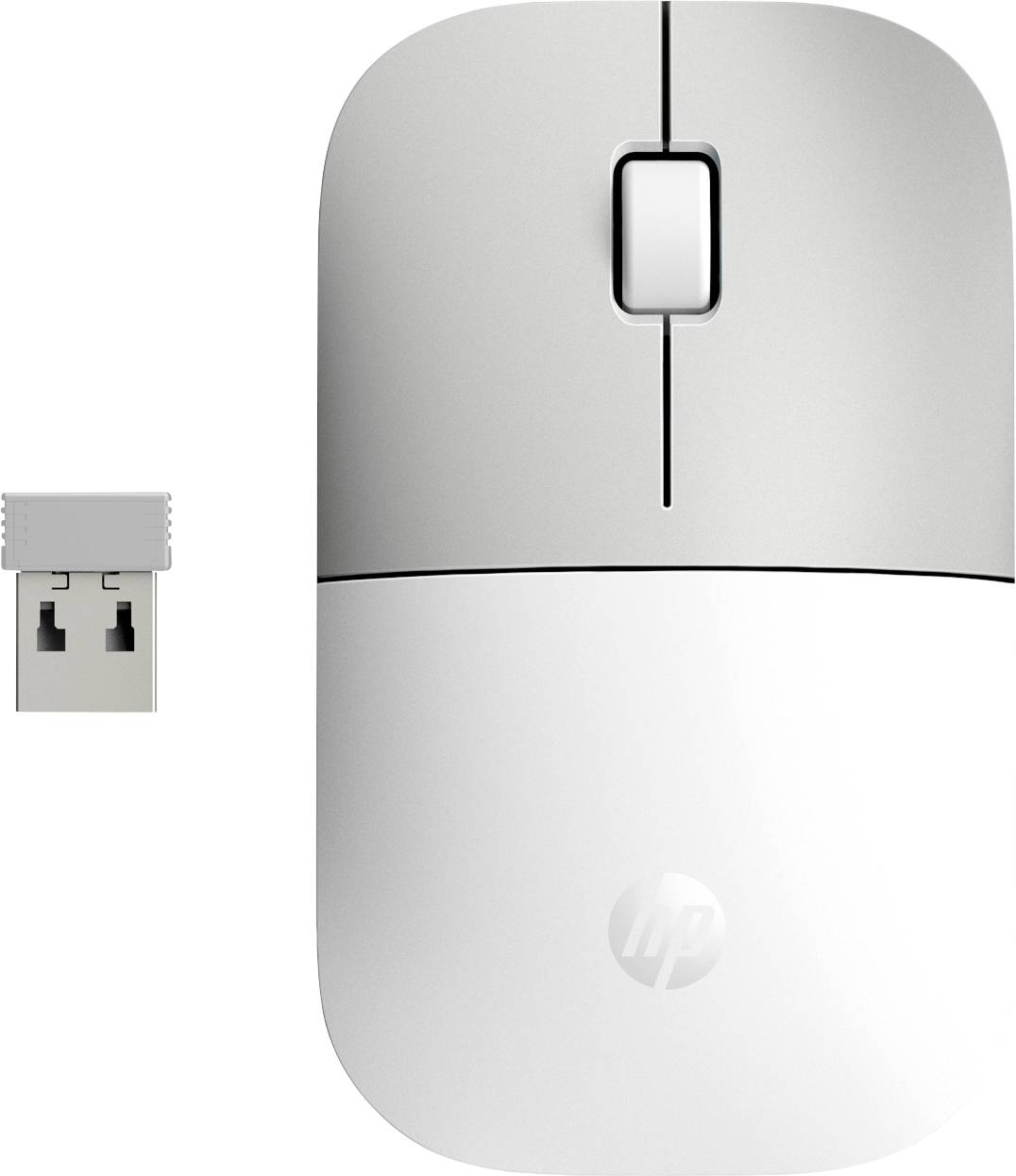 Drahtlose weiße Computermaus mit USB-Empfänger, geeignet für den Anschluss an einen Computer oder Laptop.