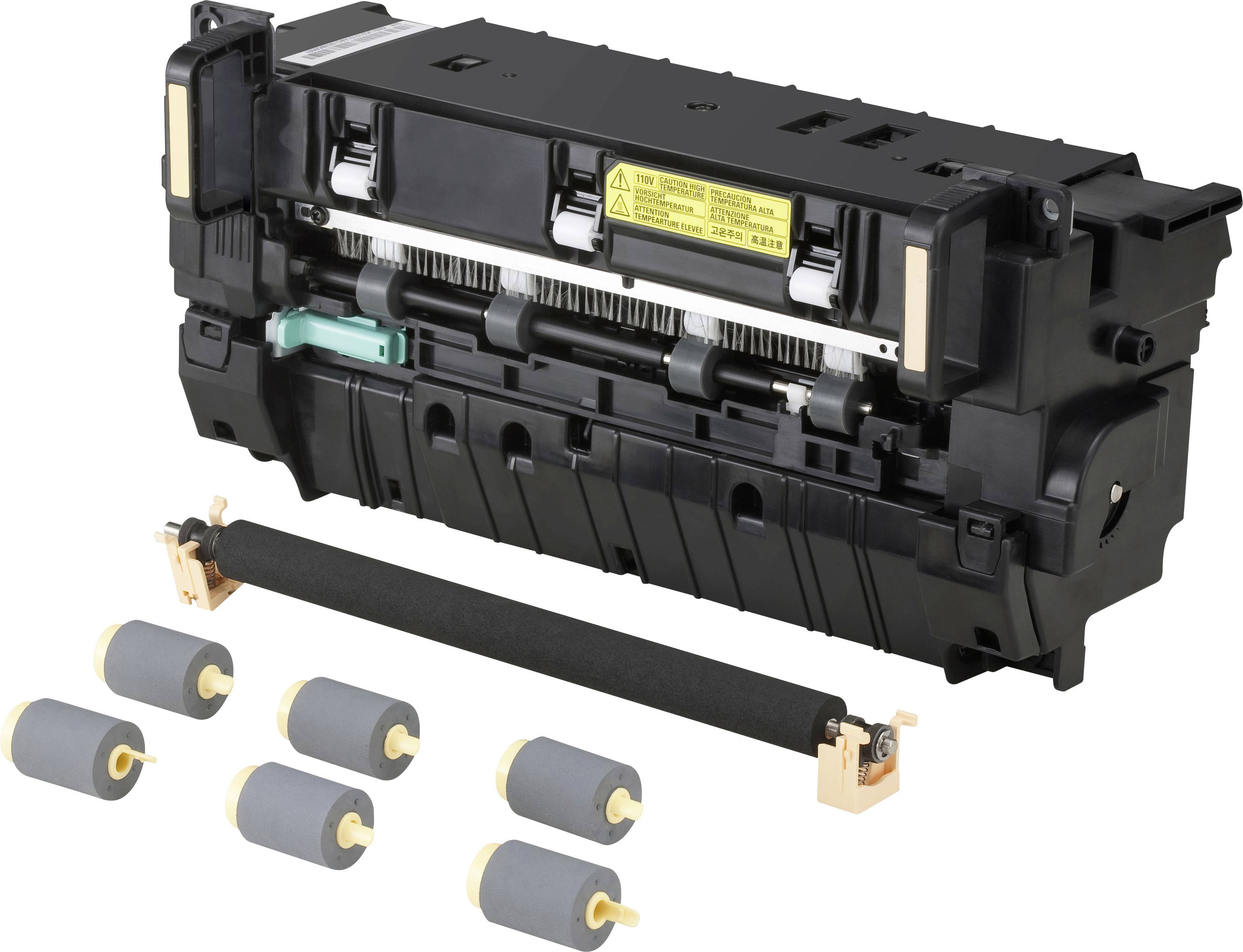 Ein Laserdrucker-Fixiereinheit-Kit besteht aus einer schwarzen Fixiereinheit und sechs grauen Walzen, die zur Wartung oder Reparatur verwendet werden.