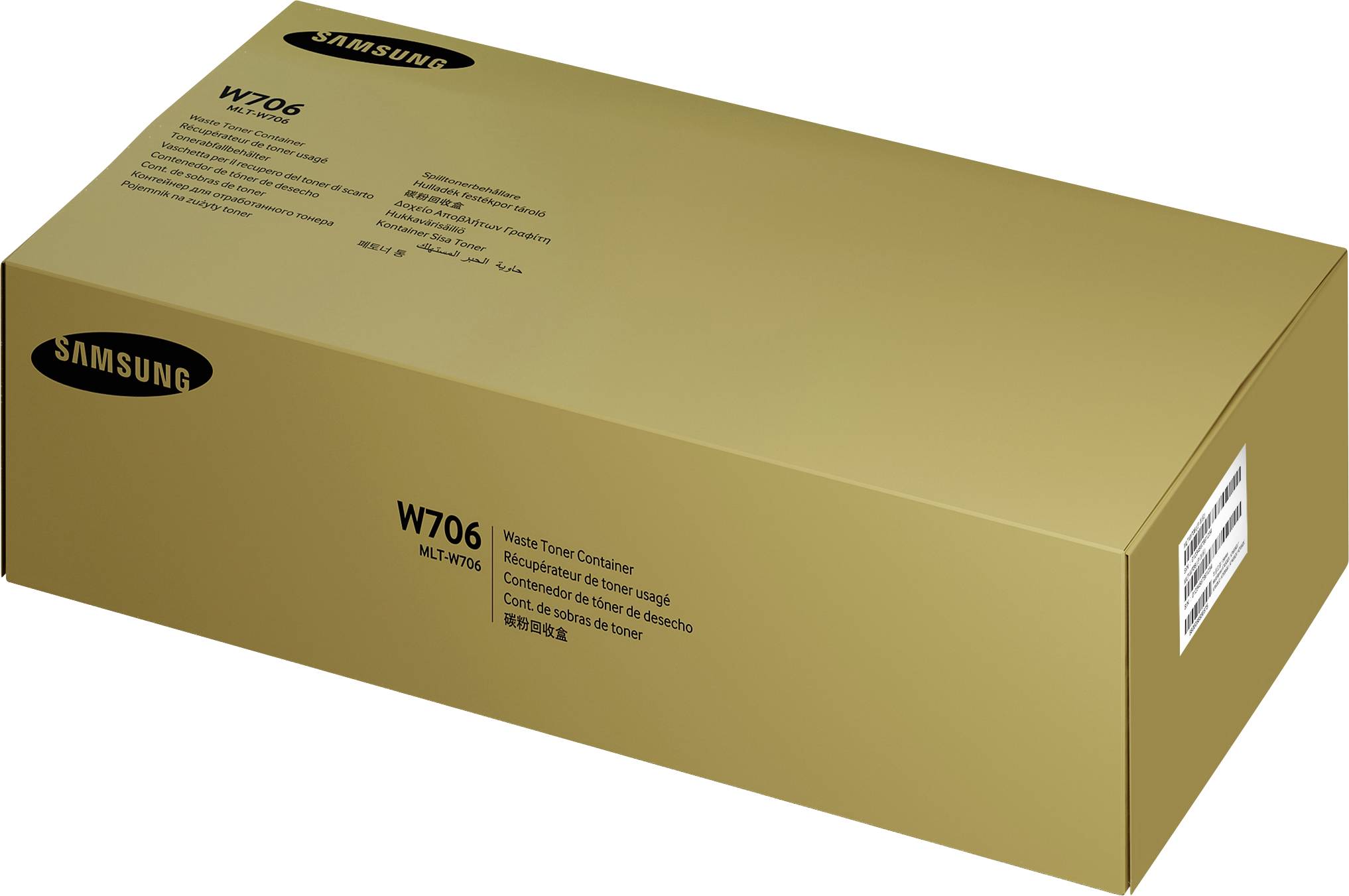 Ein goldfarbener Karton von Samsung, Modell W706, mit der Aufschrift 'Waste Toner Container' in mehreren Sprachen.
