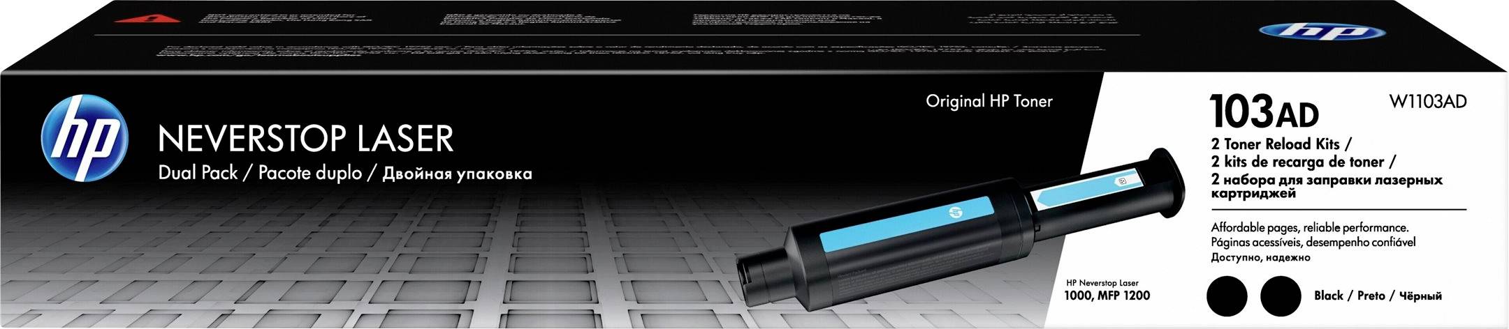 Tonerkartuschen-Verpackung, 'HP Neverstop Laser 103AD', Dual Pack, Angaben in drei Sprachen, Abbildung der Kartusche auf schwarzem Hintergrund.