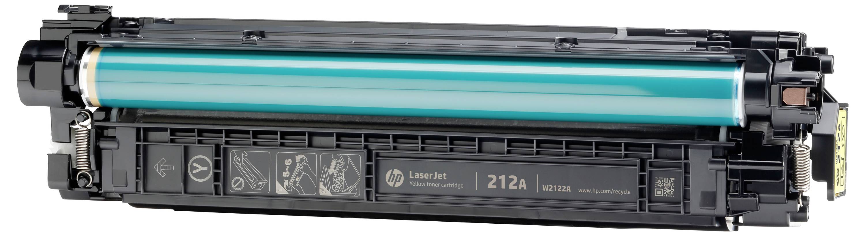 HP LaserJet 212A Tonerpatrone mit cyan Tonertrommle, in einer Seitenansicht auf weißem Hintergrund dargestellt.