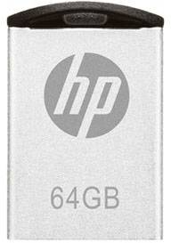 Ein silberner USB-Stick mit HP-Logo und der Aufschrift '64GB', zeigt die Speicherkapazität an.