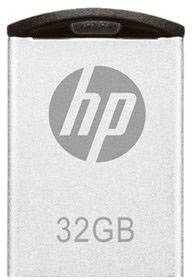 Ein USB-Stick mit einem HP-Logo und der Aufschrift '32GB', silberfarbene Oberfläche, vermutlich ein Datenspeichergerät.