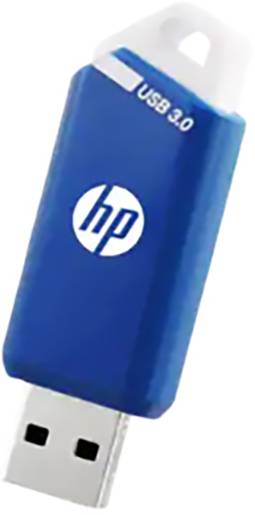 Blauer USB-Stick mit 'USB 3.0' und HP-Logo. Geeignet für schnelle Datenübertragung.