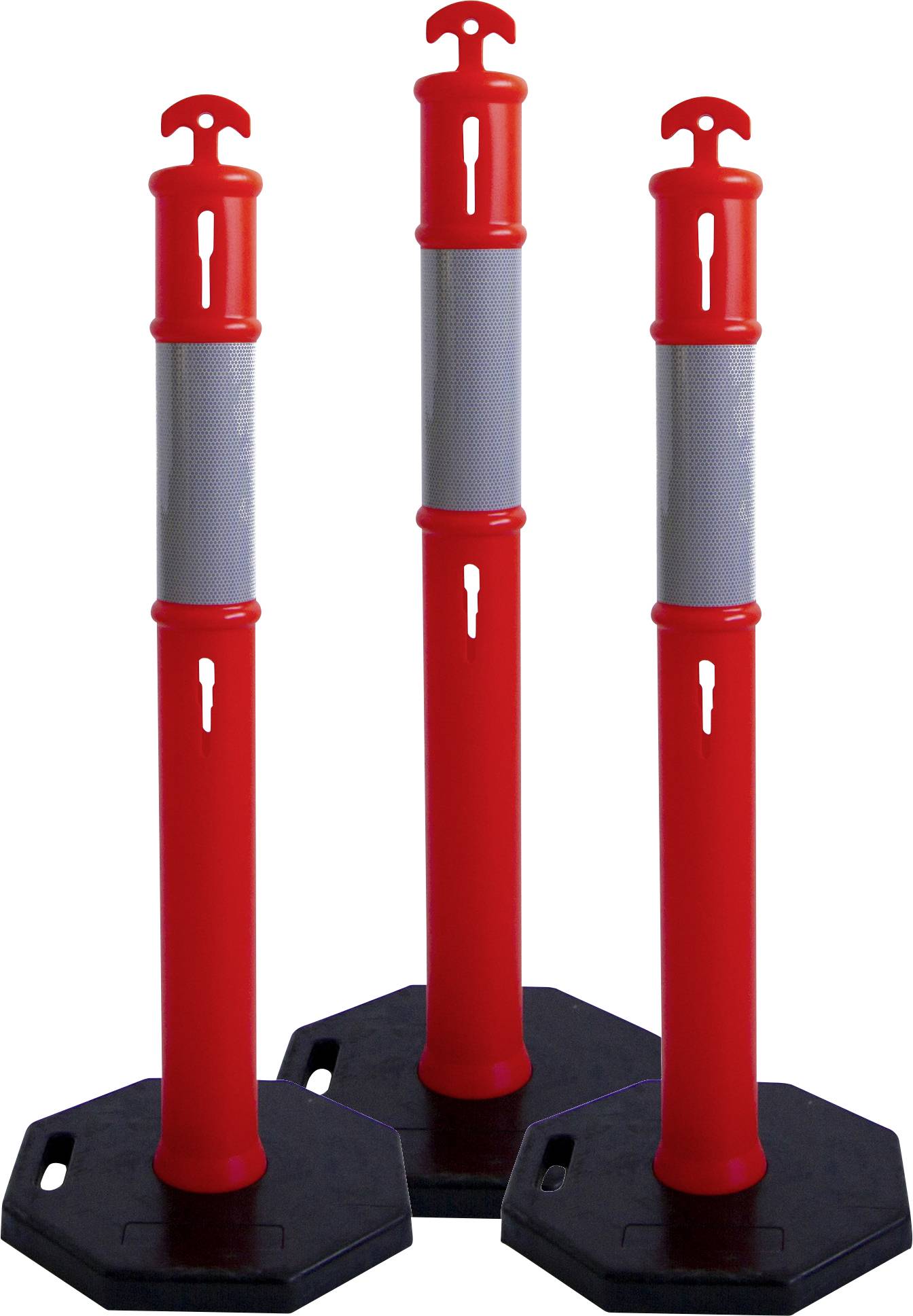Drei rote Absperrpfosten mit schwarzem Sockel auf weißem Hintergrund.