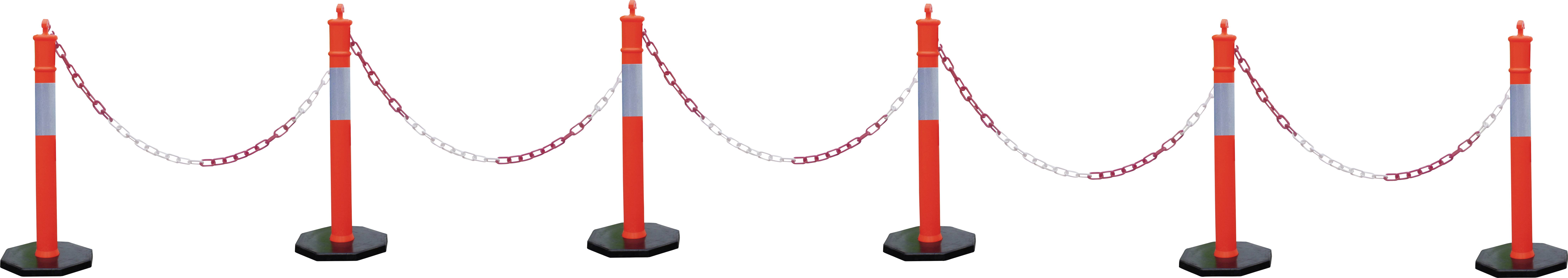 Fünf rot-weiße Absperrpfosten mit Ketten, die parallel aufgestellt sind, um einen Bereich abzugrenzen oder Zugang zu kontrollieren.