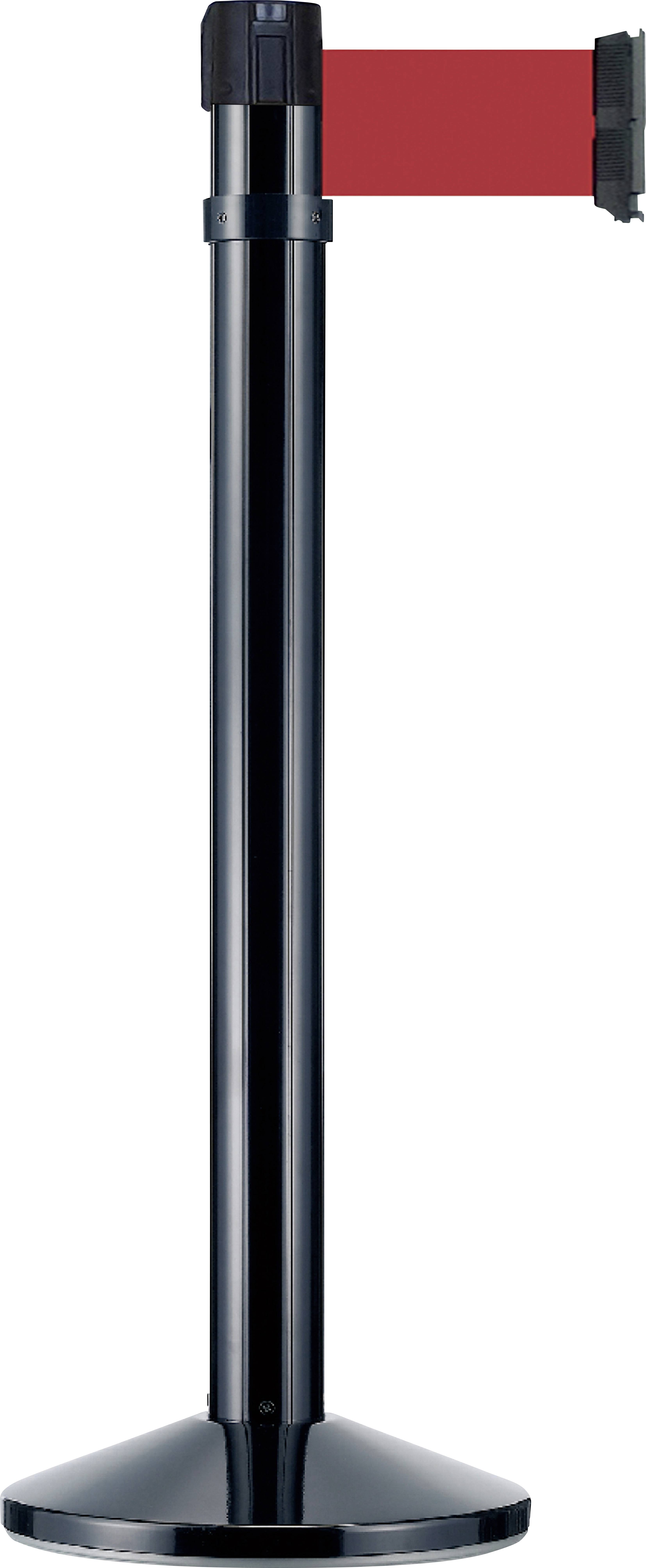 Eine schwarze Absperrpfosten mit einem ausgezogenen roten Band, verwendet zur Leitung von Personenströmen oder als Begrenzung in öffentlichen Räumen.