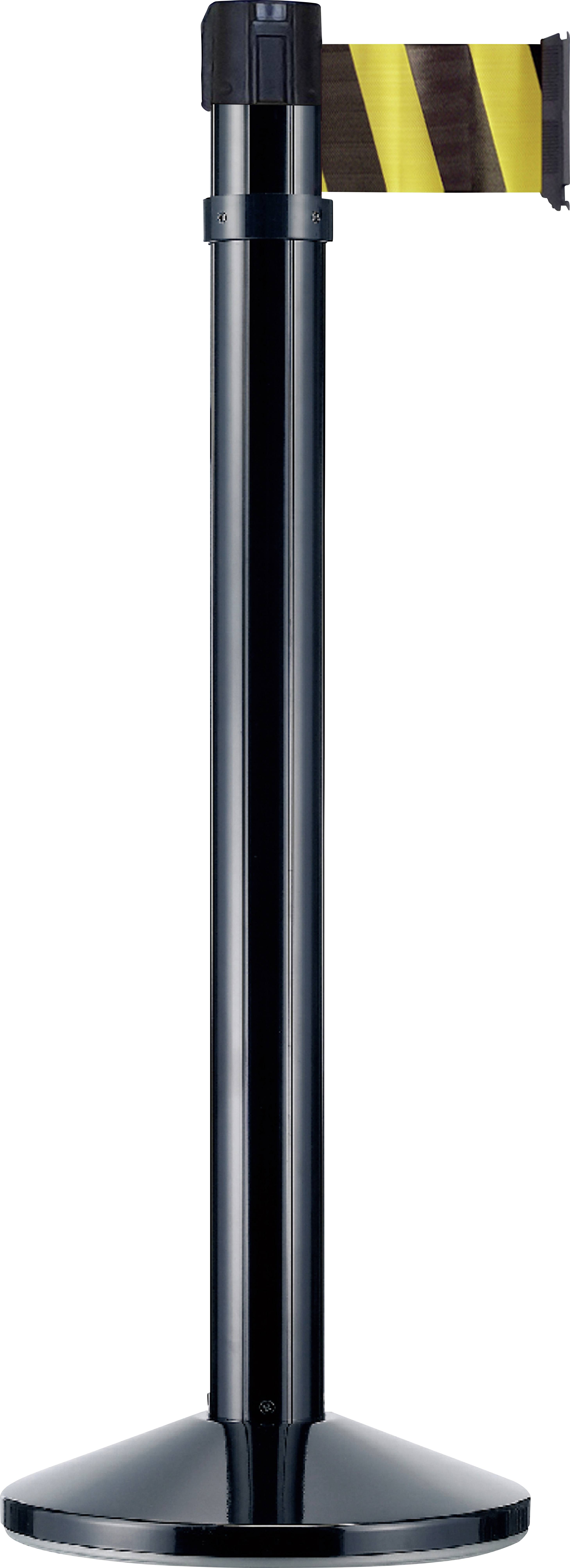 Schwarzer Absperrständer mit gelbem, gestreiftem Band, das seitlich herausragt, zur Absperrung von Bereichen.