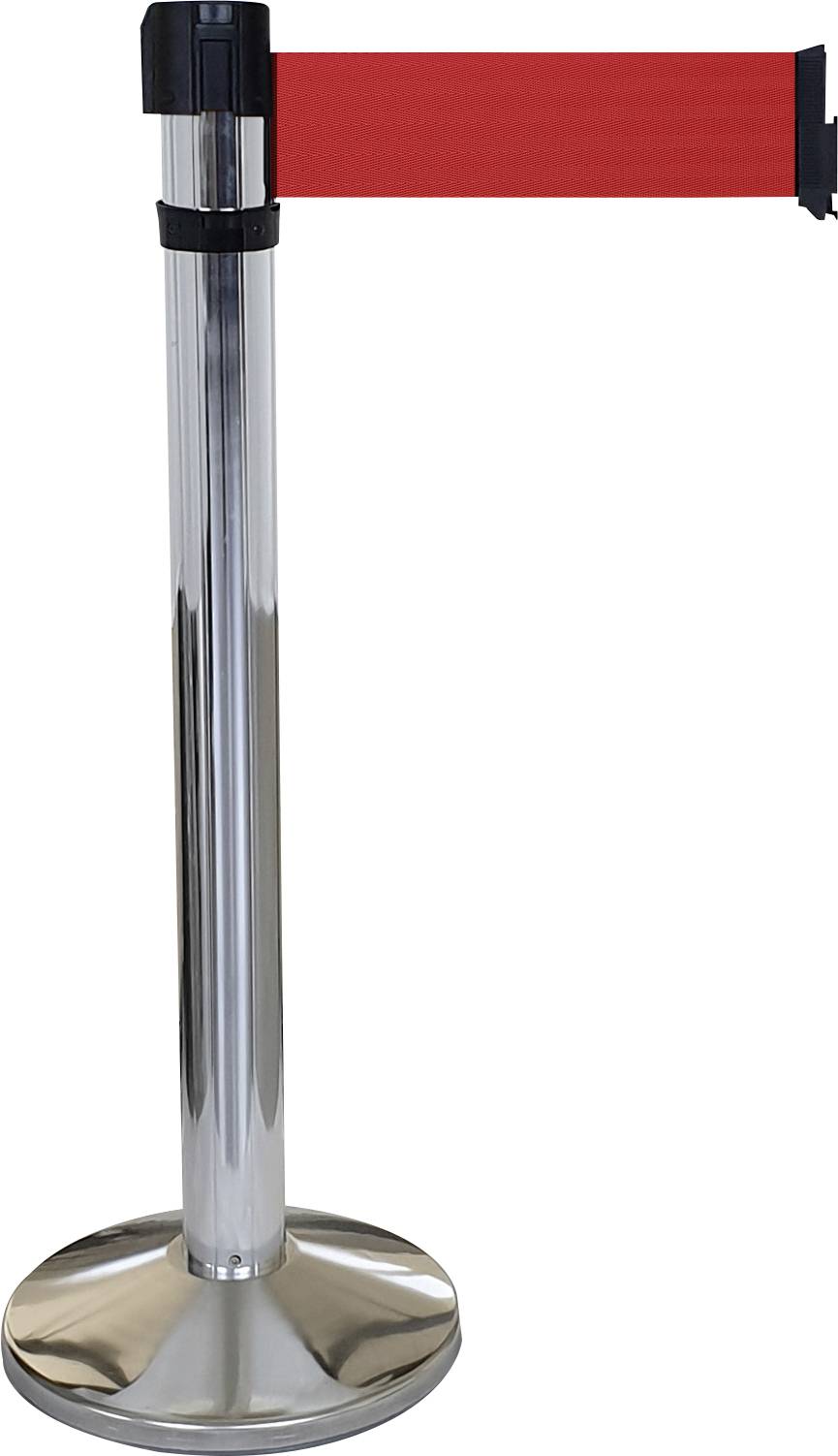 Absperrpfosten aus Edelstahl mit rotem, ausziehbarem Band, genutzt zur Personenkontrolle oder Abgrenzung in öffentlichen Bereichen.