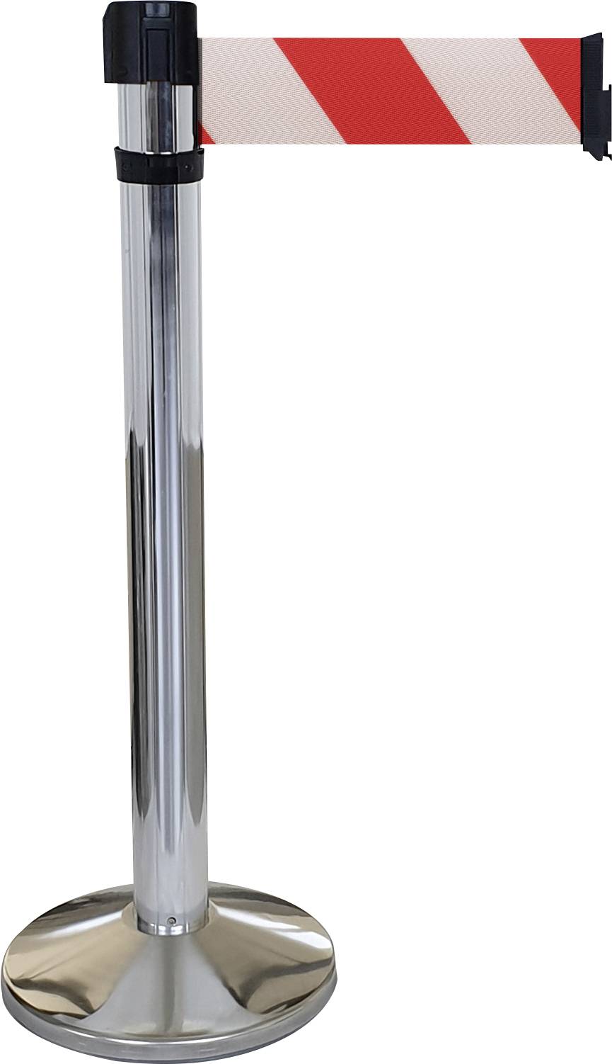 Silberne Absperrständer mit rot-weiß gestreiftem Gurt.
