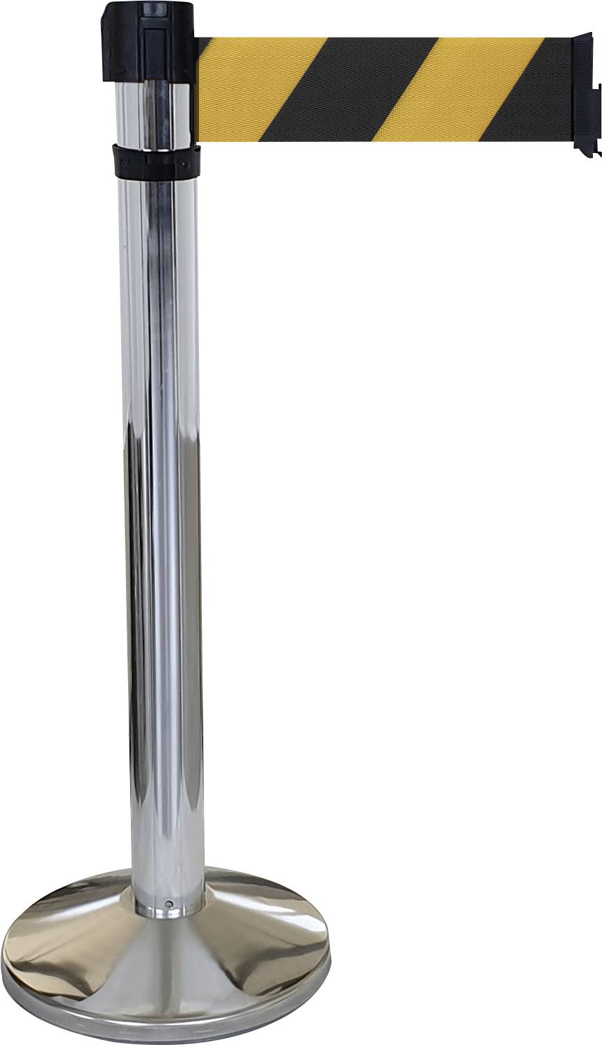 Silberne Absperrständer mit gelb-schwarzem Band signalisiert 'Betreten verboten'. Ideal für Absperrungen in öffentlichen Bereichen.