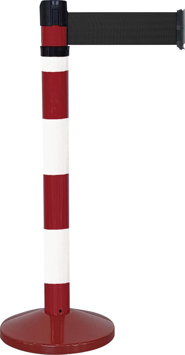 Roter und weißer Absperrpfosten mit ausziehbarem schwarzen Band, verwendet zur Steuerung von Menschenmengen oder zur Begrenzung von Bereichen.