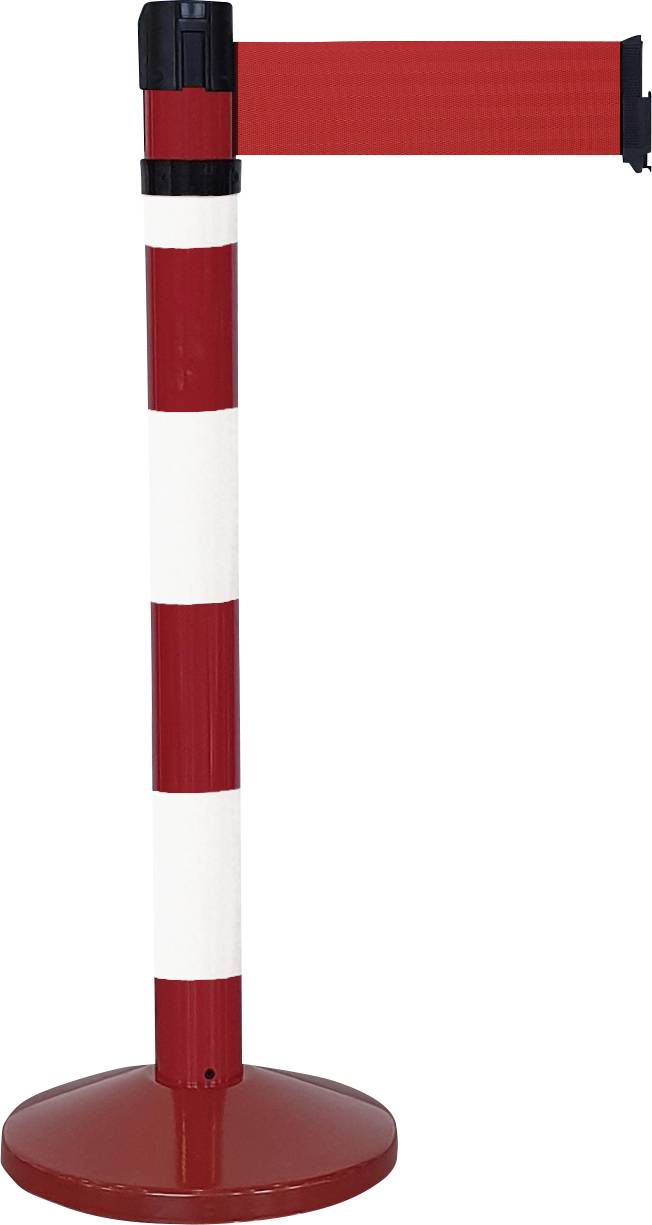 Roter und weißer Absperrpfosten mit einem roten Band zur Kontrolle von Zugang oder Zutritt.