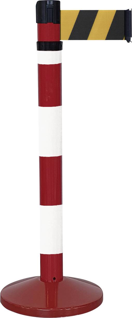 Roter Absperrpfosten mit weißen Streifen und gelbem Absperrband, das diagonal schwarze Streifen trägt.