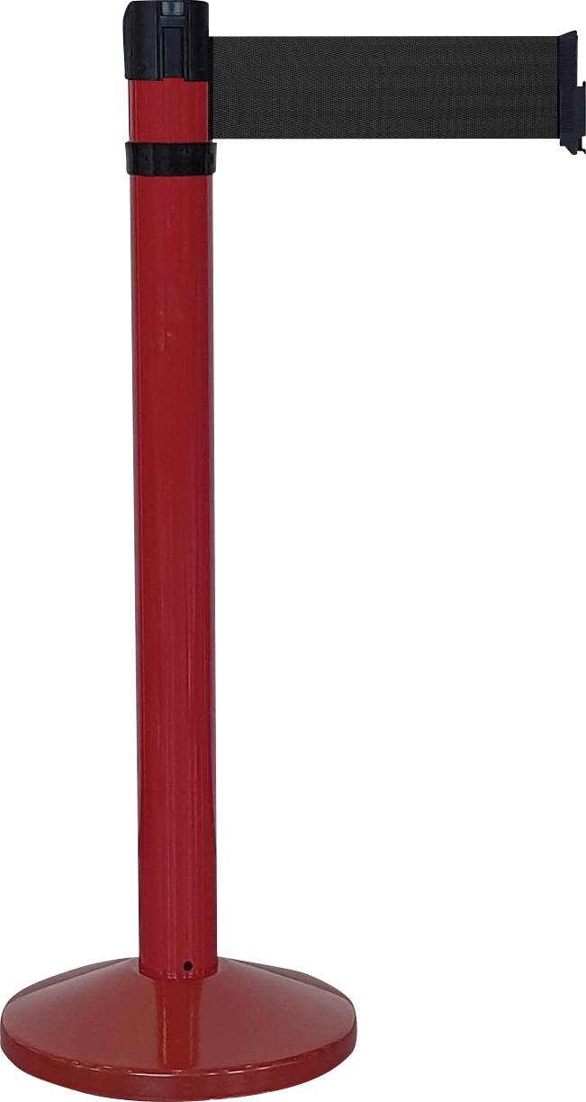 Rote Absperrpfosten mit schwarzem Band, zum Leiten von Personenströmen.