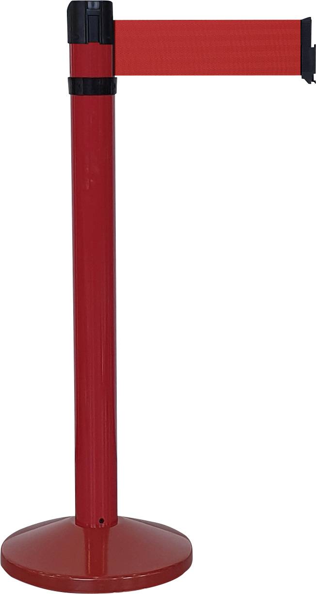 Roter Absperrpfosten mit einem ausziehbaren Band zur Kontrolle von Menschenmengen oder zum Absperren von Bereichen.