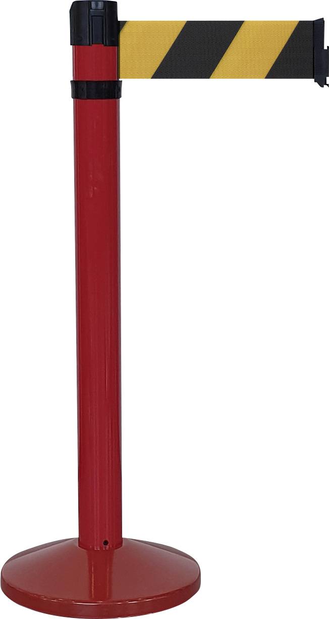 Roter Absperrpfosten mit ausziehbarem gelb-schwarzem Band, typisch zur Zugangsbeschränkung in öffentlichen Bereichen.