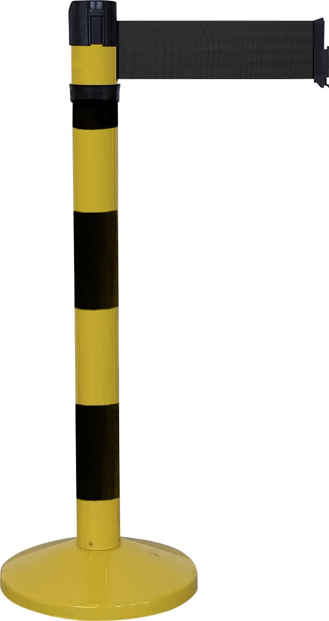 Gelb-schwarzes Absperrband mit ausziehbarem Gurt an einem Pfosten, zur Raumtrennung oder Zugangsbeschränkung.