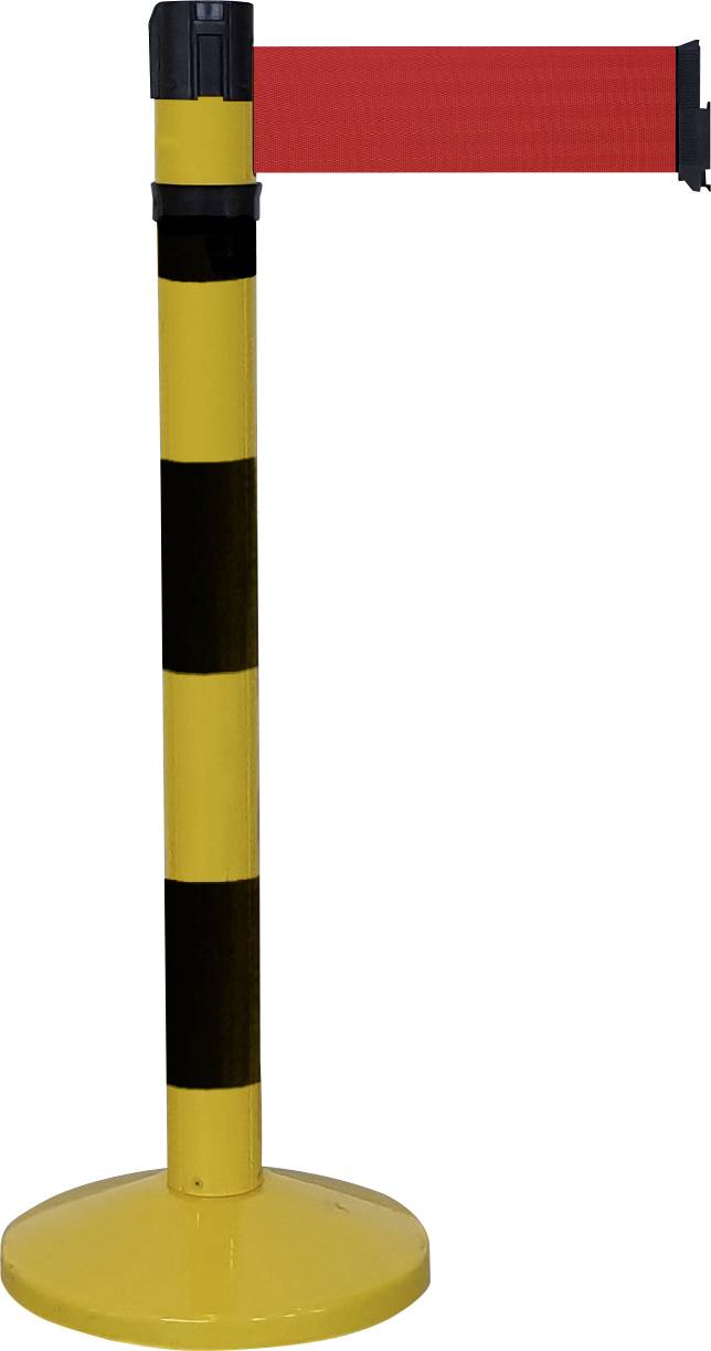 Gelber Absperrpfosten mit schwarzen Streifen und ausziehbarem roten Band zur Zugangskontrolle.