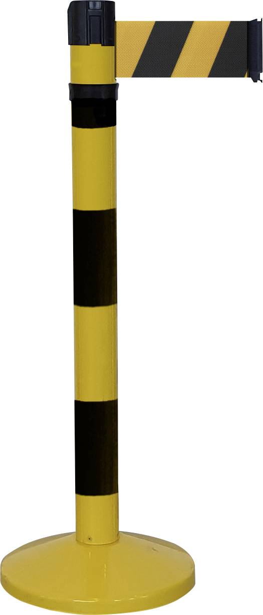 Absperrpfosten mit gelben und schwarzen Streifen und einem herausziehbaren Band zur Trennung von Bereichen.