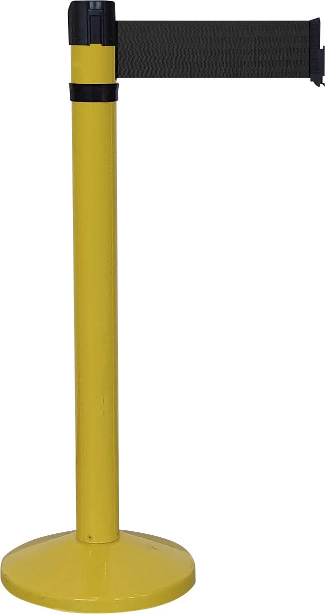 Gelbes Absperrständer-Band mit gelbem Ständer und ausziehbarem schwarzen Band, geeignet zur Leitung von Menschenmengen oder Abgrenzung.