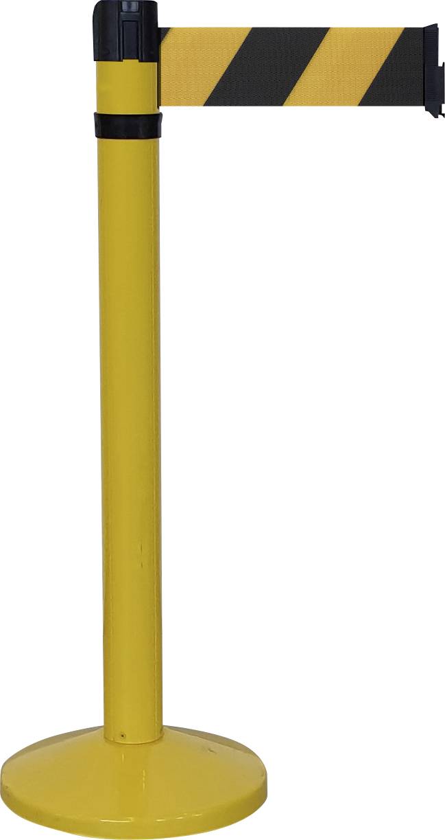 Gelber Absperrpfosten mit schwarzem und gelbem Warnband, wahrscheinlich für die Absicherung oder Leitung von Personenströmen verwendet.