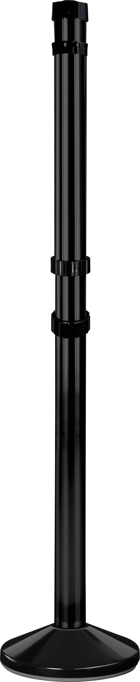 Ein schwarzer, verstellbarer Metallständer mit runder Basis, geeignet für Mikrofone oder anderes Equipment.