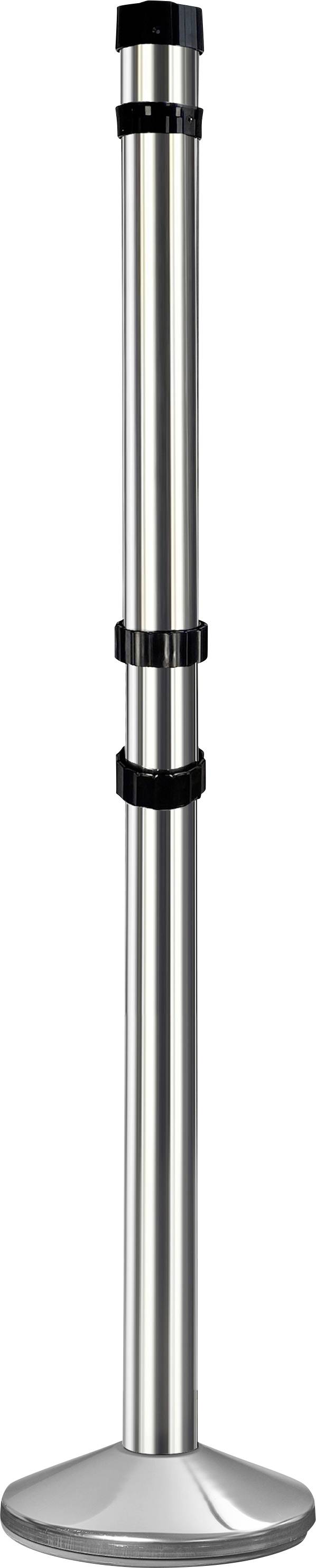 Eine silberne Metallstange mit drei schwarzen Ringen auf einem breiten Standfuß.