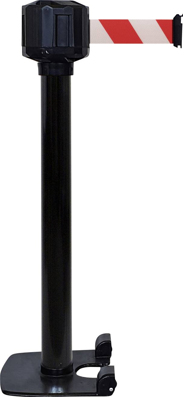 Eine schwarze Absperrungsstange mit einem rot-weiß gestreiften Band, das zur Absperrung verwendet wird. Eignet sich für die Organisation von Warteschlangen.